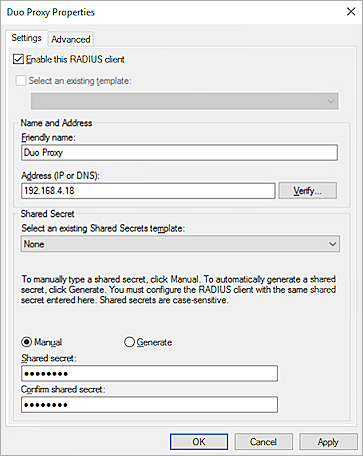 Screenshot of the NPS RADIUS client configuration